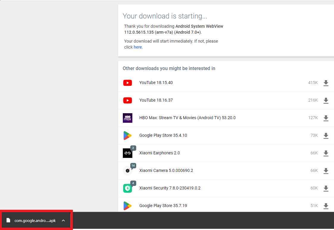 Screenshot showing a download in progress for the Android System WebView app APK.