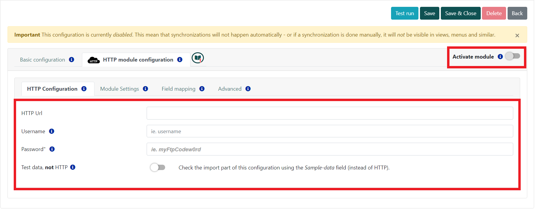 HTTP module configuration interface in Q-Cal showing fields for URL, username, and password, with a reminder that the configuration is disabled and will not sync until activated.