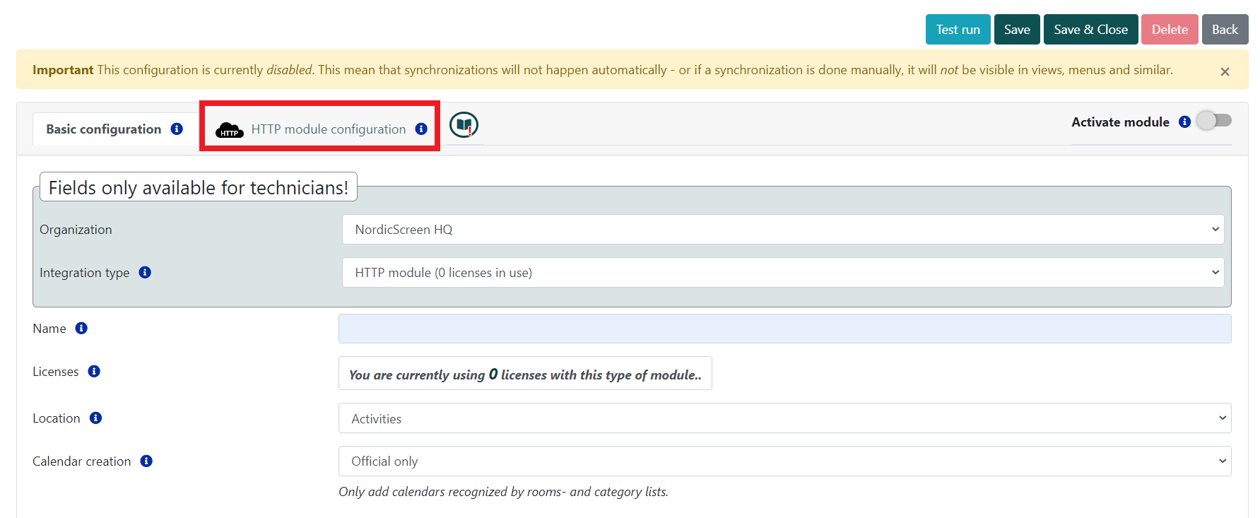 Configuration screen for an HTTP module within the Q-Cal calendar integration setup, indicating that the module is currently disabled.