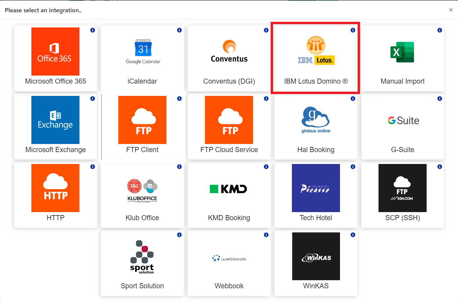 Integration selection window in Q-Cal with various service options such as Office 365, Google Calendar, Microsoft Exchange, and KMD Booking.