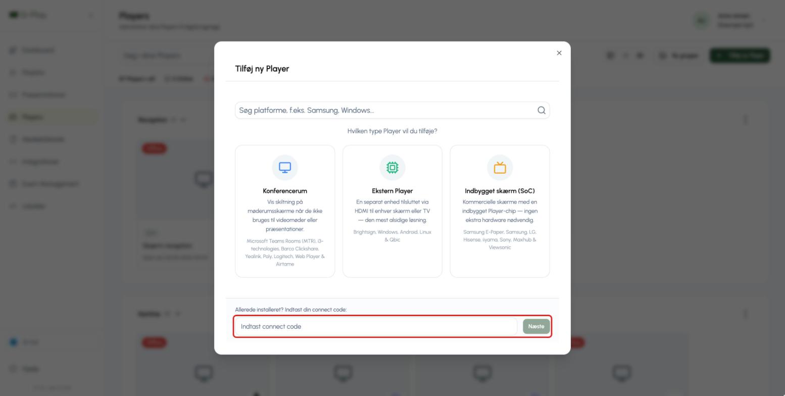 Q-Play V2 vinduet Tilføj ny Player med feltet Indtast connect code og knappen Næste markeret