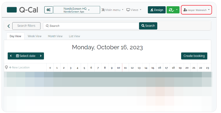 Q-Cal interface showing a calendar view for Monday, October 16, 2023, with options to create a booking and user Jesper Weinreich's profile in the corner.