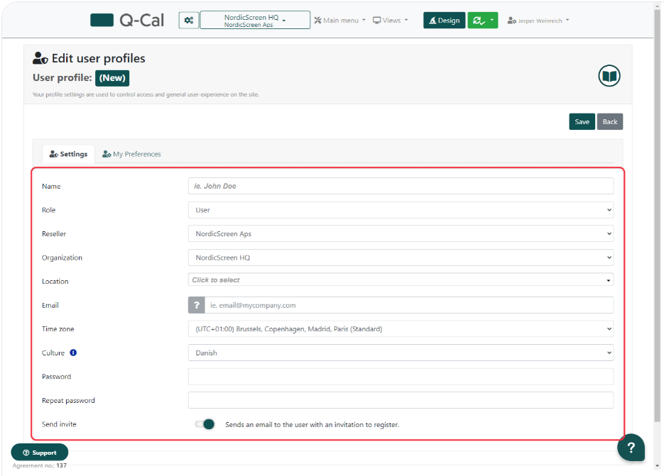 Edit user profile form in Q-Cal with fields for name, role, reseller, and other details, ready to be filled out for a new user.