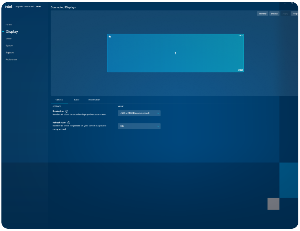 Intel Graphics Command Center showing a single connected display with resolution and refresh rate settings.