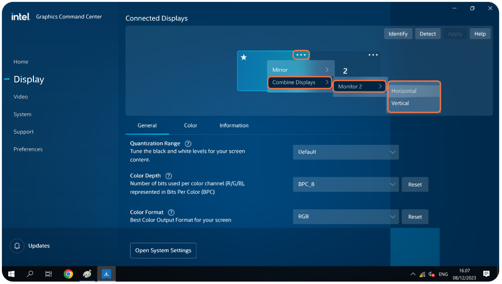 Intel Graphics Command Center Display settings with multiple monitors setup, options to combine displays horizontally or vertically highlighted.
