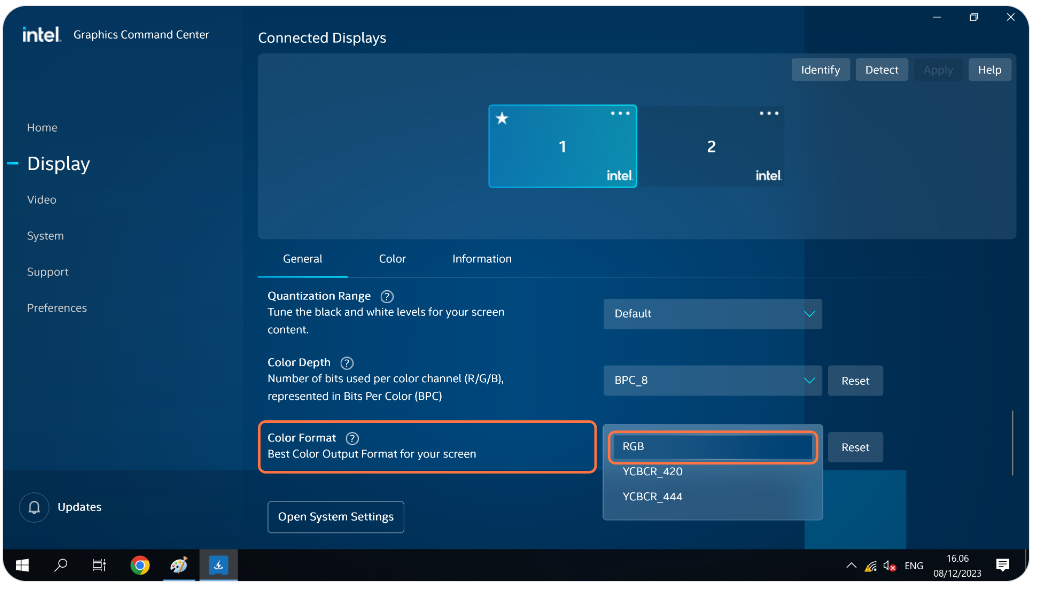 Intel Graphics Command Center Display settings showing options for Color Format with RGB selected.