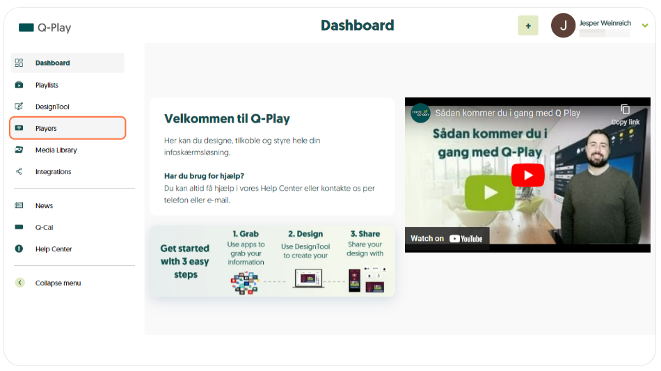 Q-Play dashboard screen showing navigation menu with 'Players' highlighted, a welcome message, and introductory YouTube videos about Q-Play services.
