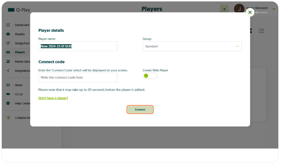 Dialog box for connecting a new player in Q-Play, with options for naming the player, selecting a group, entering a connect code, and a 'Connect' button.