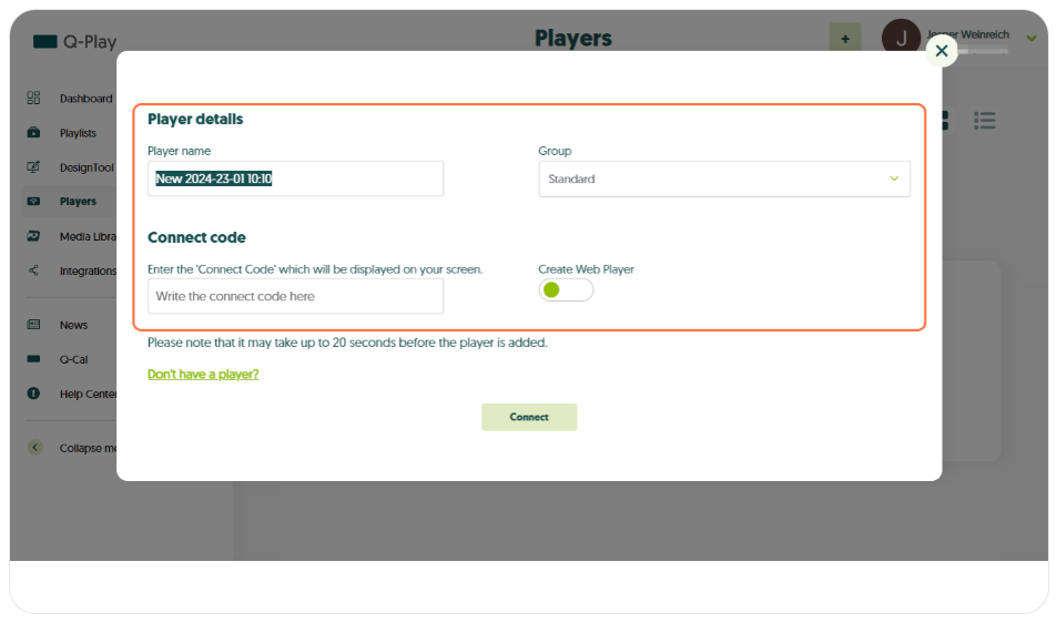 Interface for adding a new player in Q-Play, with fields for player name, group selection, and a section to enter a connect code for device pairing.