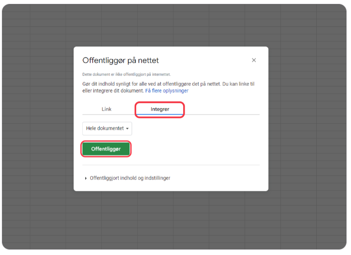 Google Sheets 'Publish to the web' dialog box with 'Embed' tab selected and 'Publish' button visible.