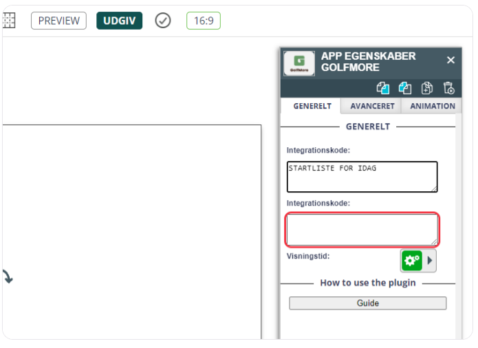 Digital signage interface with GolfMore app properties open for editing display time settings.