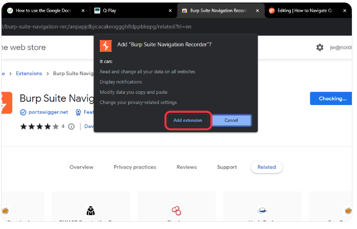 Confirmation dialog for adding the Burp Suite Navigation Recorder extension to Chrome with 'Add extension' button highlighted.