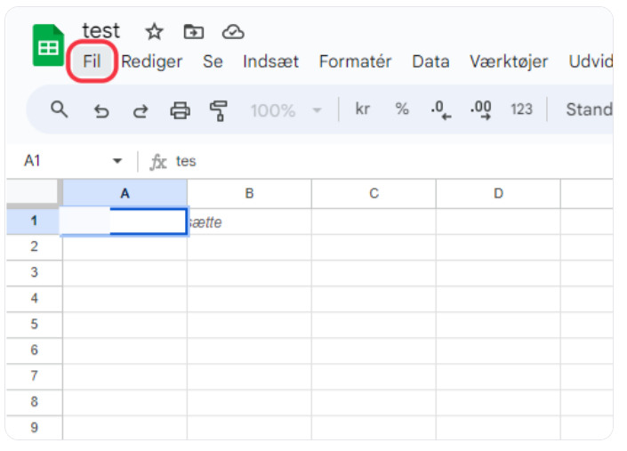 Google Sheets interface with 'File' tab selected and cell A1 containing text.