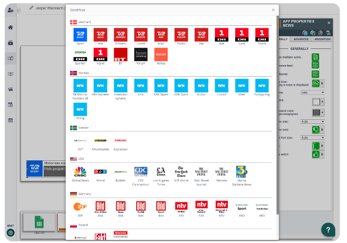 User interface for digital signage news app selection with various international news sources available for configuration.