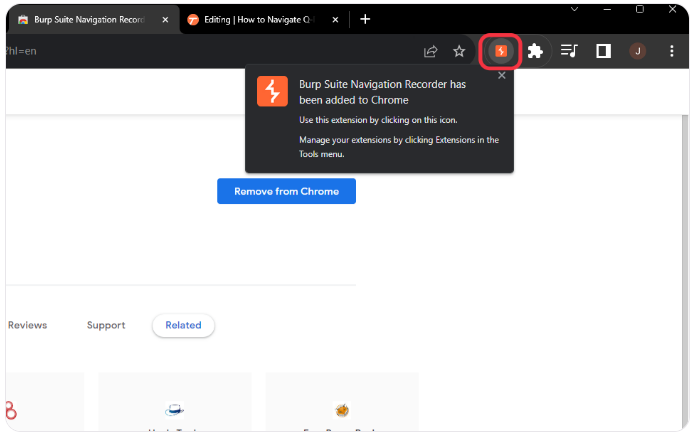 Notification that the Burp Suite Navigation Recorder has been added to Chrome, with the option to remove it and the extension's icon visible in the toolbar.