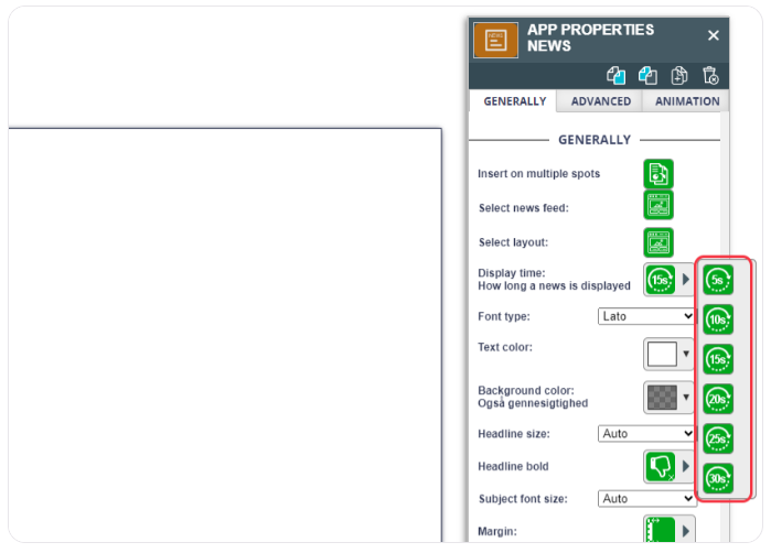 Settings panel for a news app showing options for display time with various duration buttons.