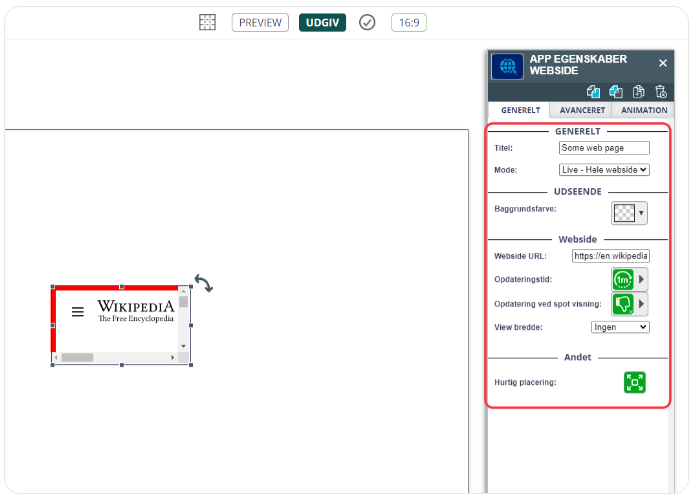 Digital signage software interface displaying Wikipedia webpage with website app properties settings on the side.