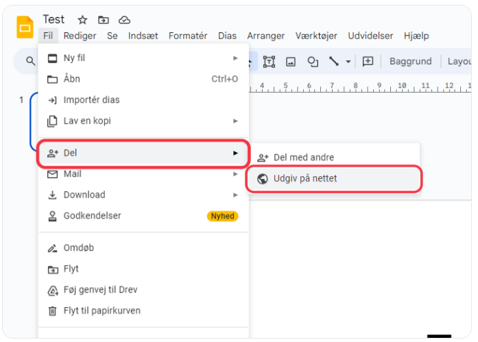 Google Docs 'File' menu opened with 'Share' and 'Publish to the web' options highlighted.