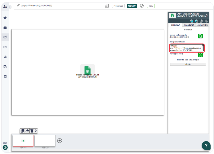 Digital signage content management system with a widget to input URL for a Google Sheets document