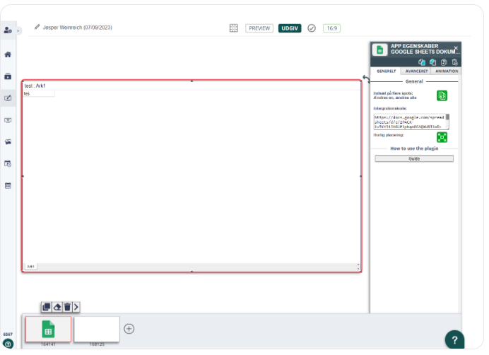 Digital signage interface with an embedded Google Sheets document displayed for content editing.