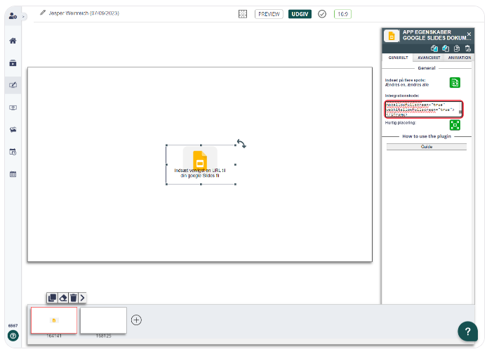 Digital signage platform with a widget for Google Slides content awaiting URL input.