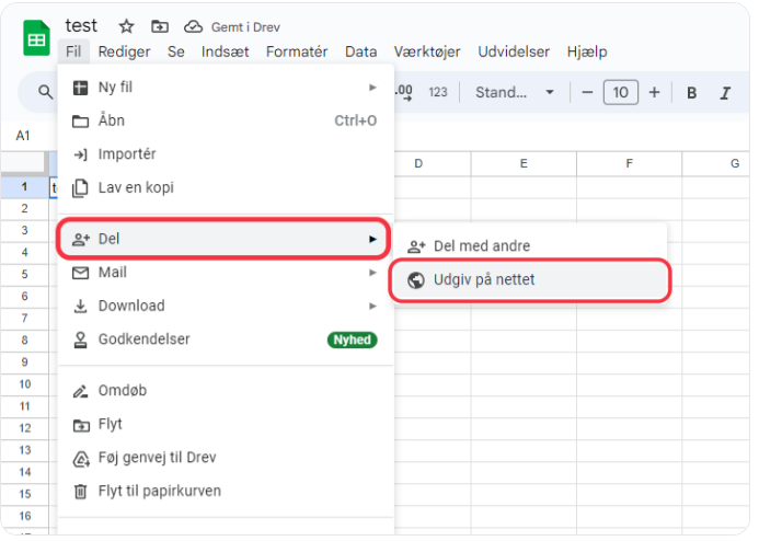 Google Sheets 'File' menu open showing 'Share' and 'Publish to the web' options.