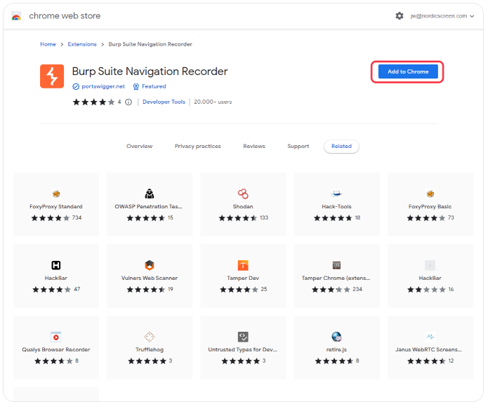 Chrome Web Store page featuring Burp Suite Navigation Recorder extension with 'Add to Chrome' button.