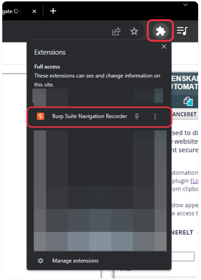 Chrome browser overlay showing the Burp Suite Navigation Recorder extension installed with options to manage the extension