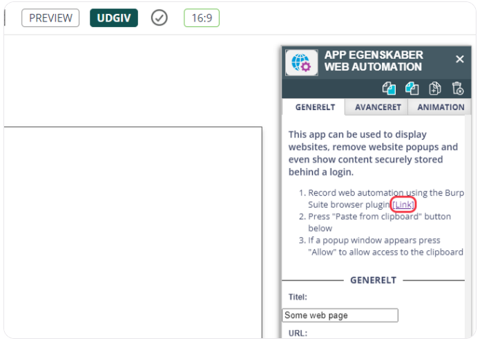 Web Automation app properties dialog box with instructions for displaying and managing web content.