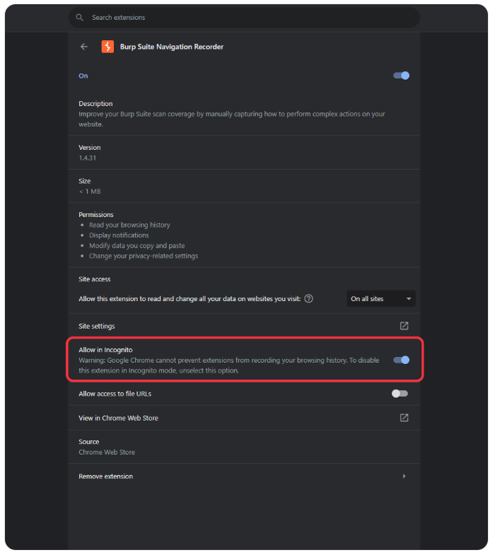 Chrome extensions settings page for Burp Suite Navigation Recorder with the option to 'Allow in Incognito' mode