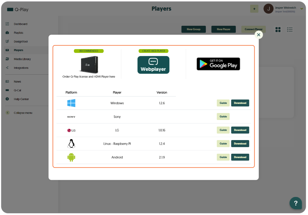 Q-Play 'Players' page with options to order hardware, create web player, and download apps for Windows, Sony, LG, Raspberry Pi, and Android platforms.