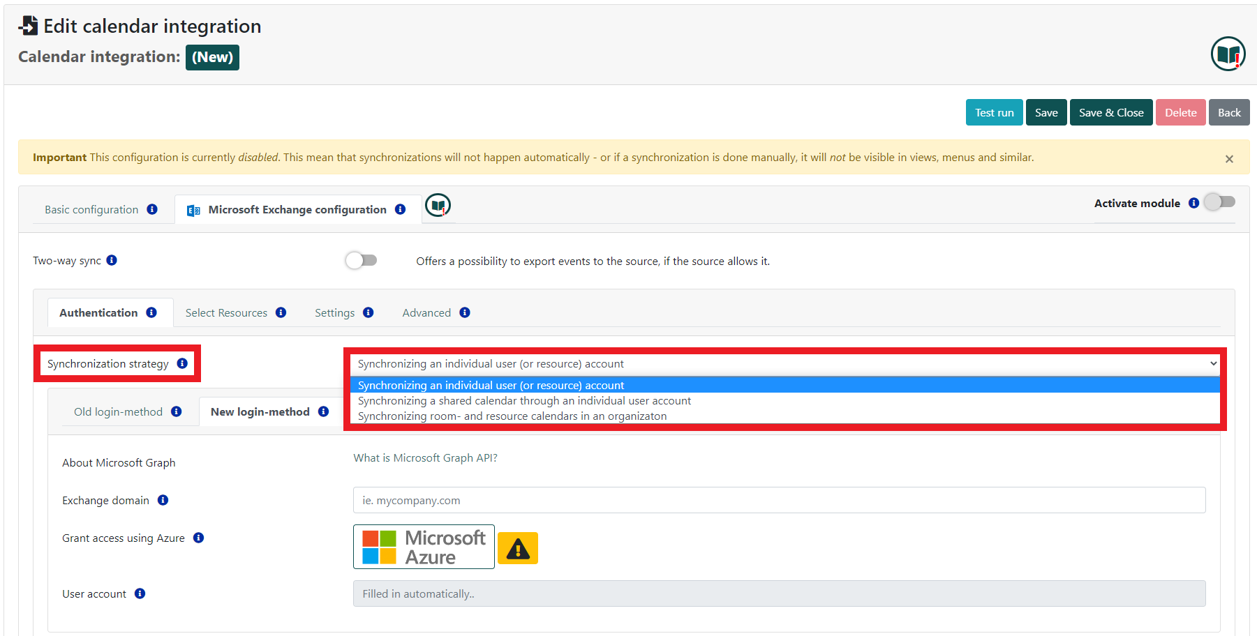 Configuration panel for a new Microsoft Exchange calendar integration in Q-Cal, with sections for authentication, resource selection, settings, and an outlined synchronization strategy area.