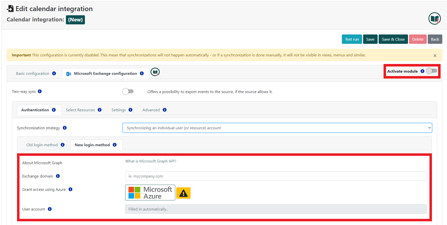 New Microsoft Exchange calendar integration configuration screen in Q-Cal with an option to activate the module and fields for Exchange domain and user account information.