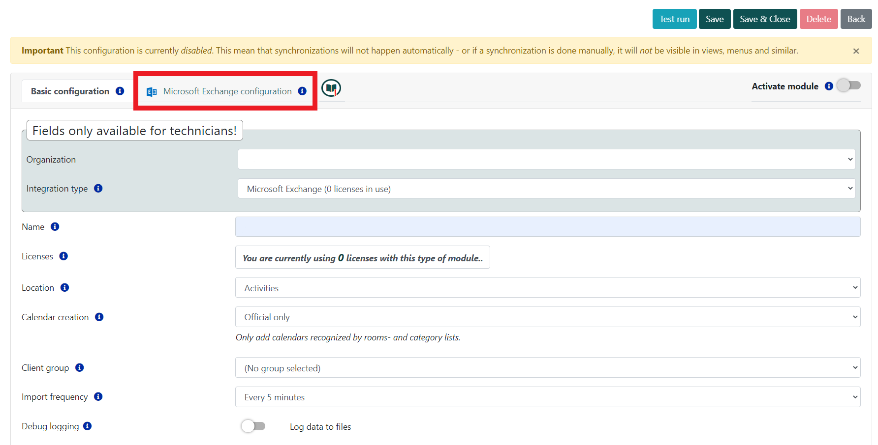 Microsoft Exchange configuration screen in Q-Cal for setting up calendar integration, currently disabled and requiring activation.