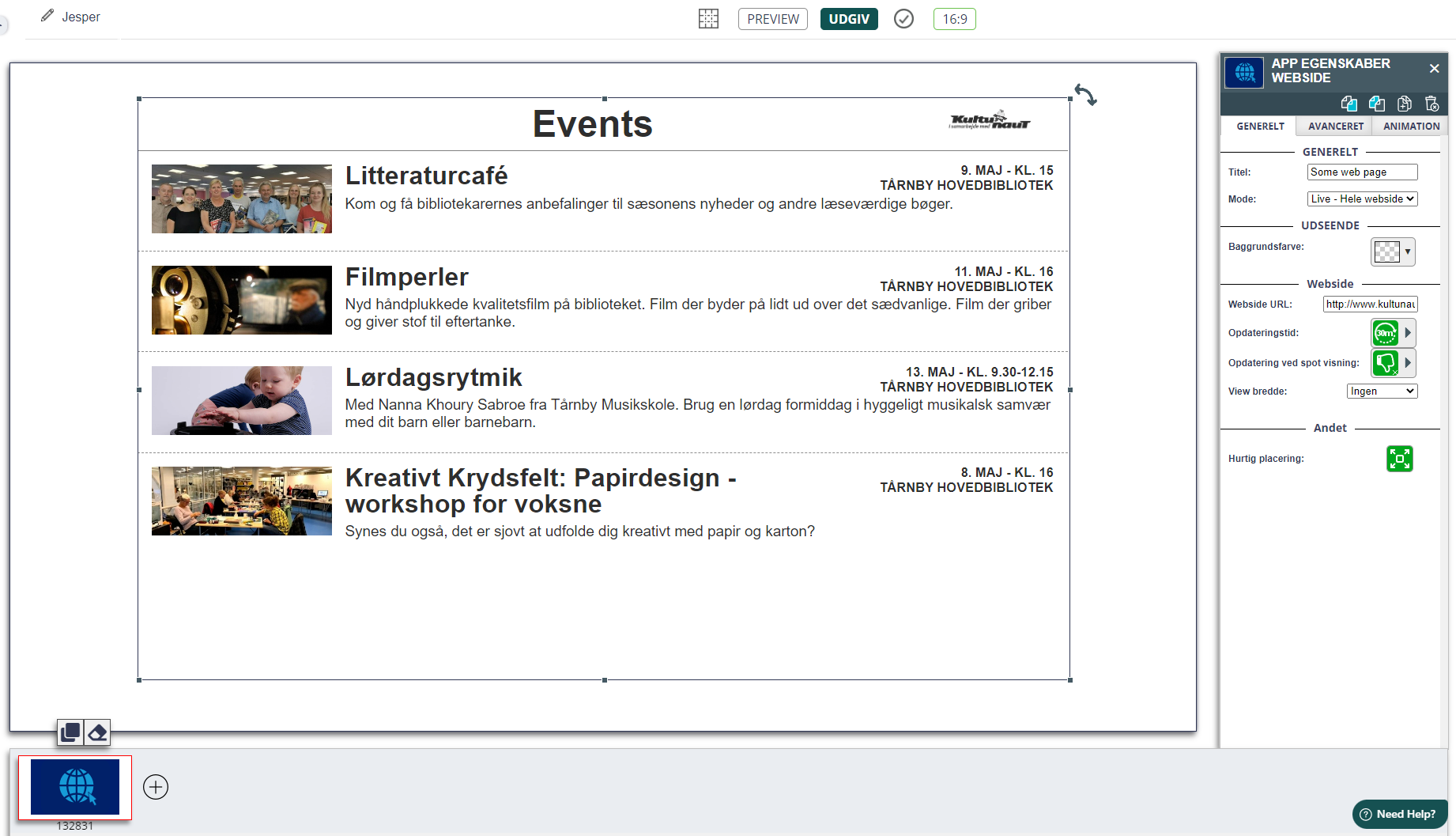 Content management system interface showing a preview of an 'Events' page with multiple event listings including a literature café and a creative paper design workshop.