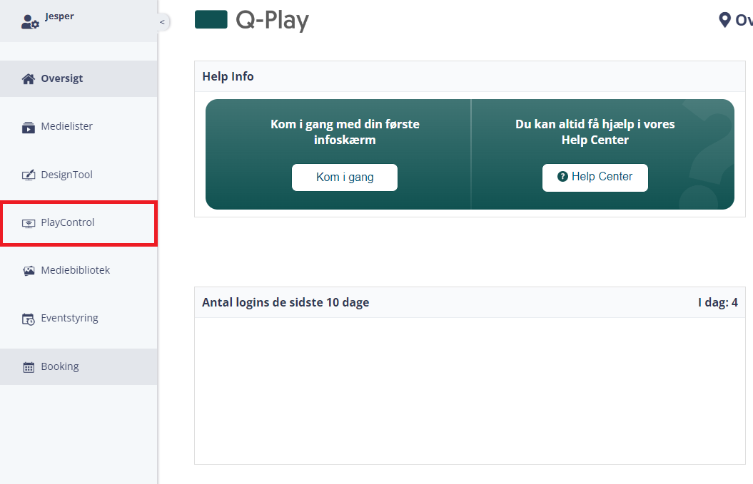 Q-Play user interface with 'PlayControl' selected on the sidebar, and a 'Help Info' section providing a guide and access to the Help Center.