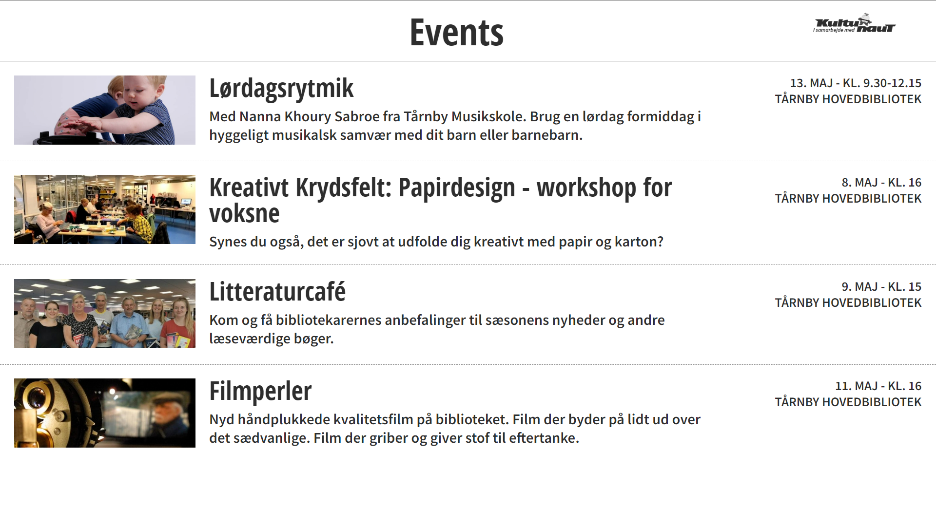 Webpage section listing upcoming events such as a children's music event, a creative paper design workshop, a literature café, and a film highlights showcase at Tårnby Main Library with dates and times.