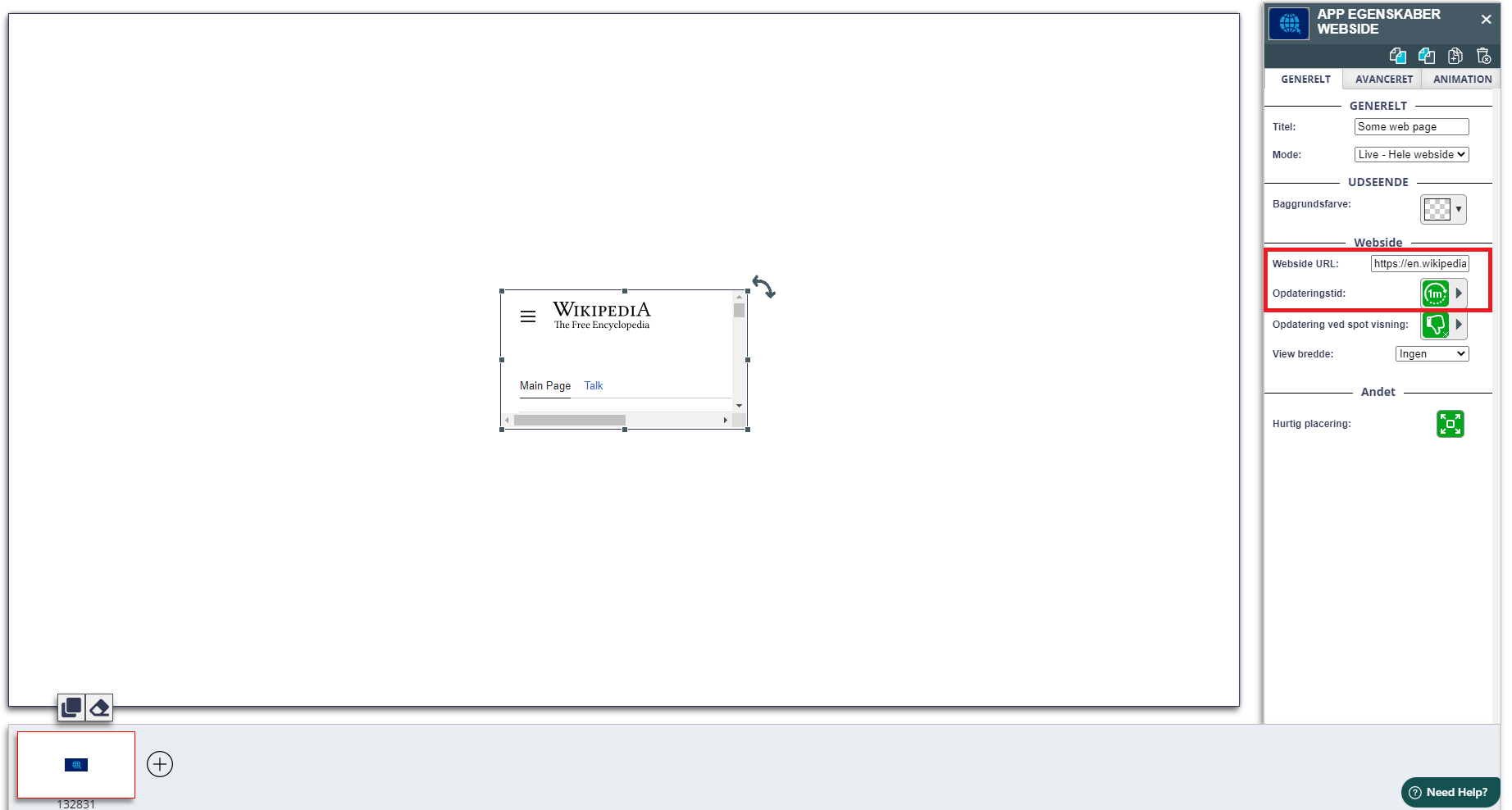 Design tool interface with a Wikipedia webpage element on the canvas, and settings panel on the right for web page properties and refresh interval configuration.