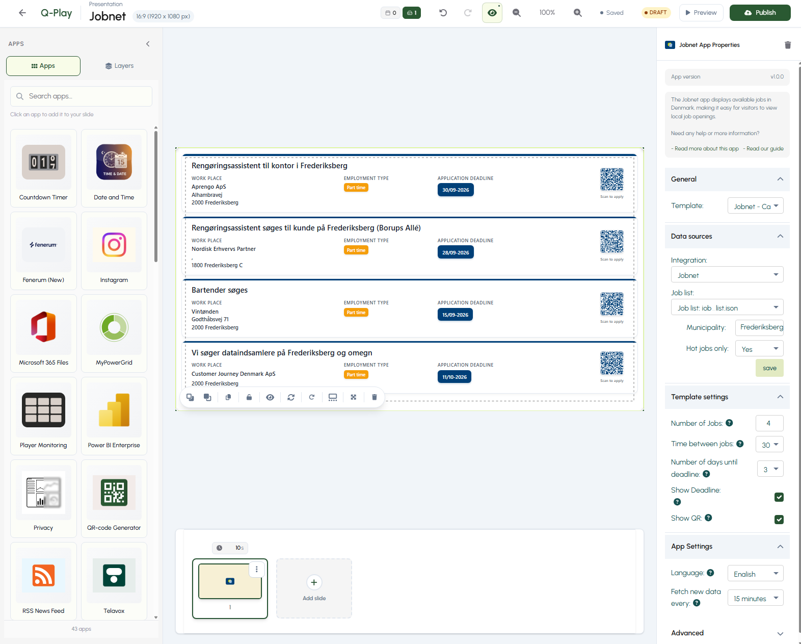 Q-Play App Library showing the Jobnet App for displaying local job listings on screens