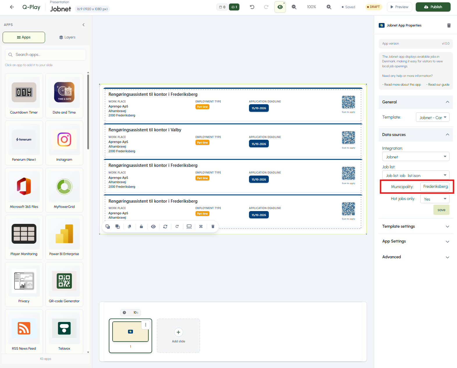 Q-Play Jobnet App Data Sources settings with Municipality field for entering the city name