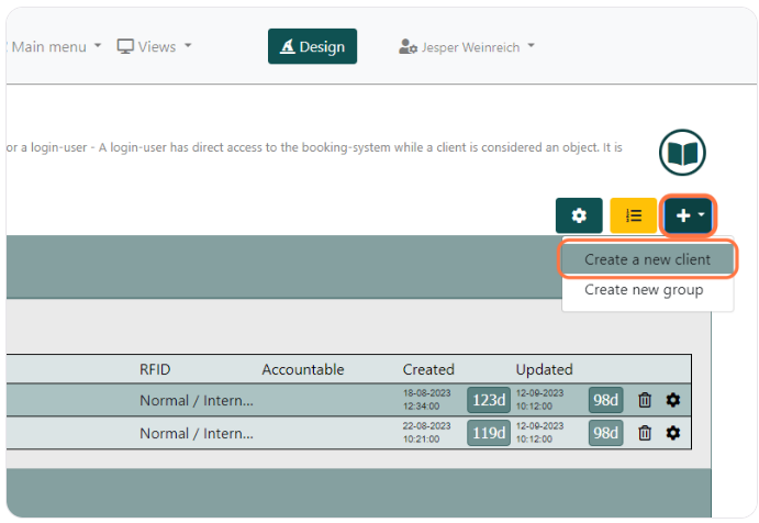 Q-Cal system interface with highlighted 'Create a new client' button for user registration.