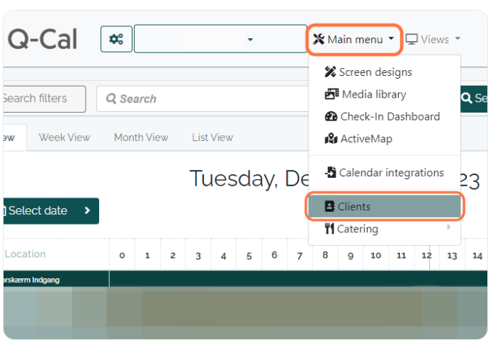User interface of Q-Cal calendar application with 'Clients' option highlighted in the main menu dropdown.