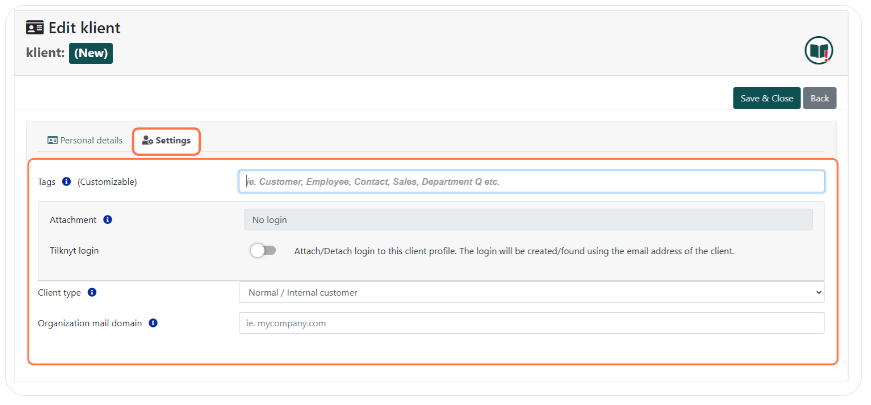 Client settings form with options for tags, attachment, Tilkyt login, client type, and organization mail domain in the Q-Cal system.