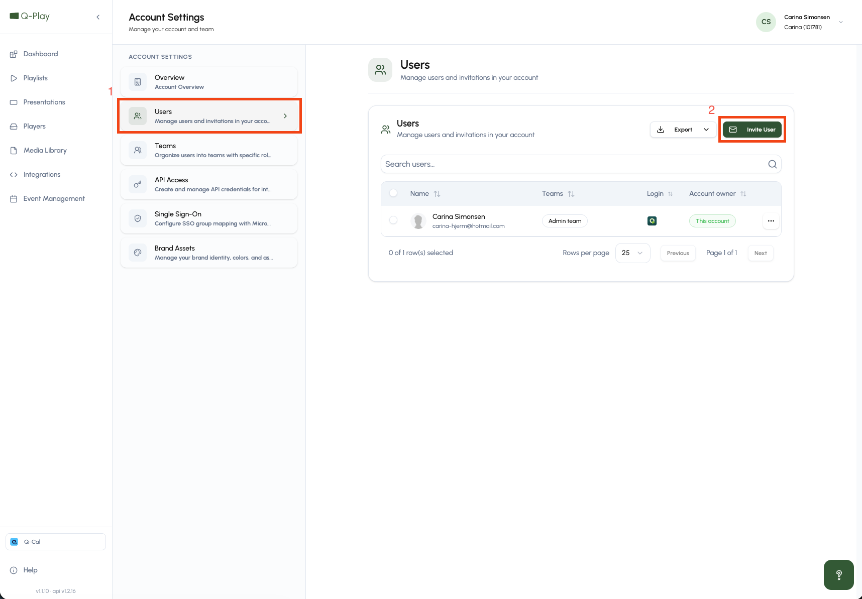 Select Users and click Invite User