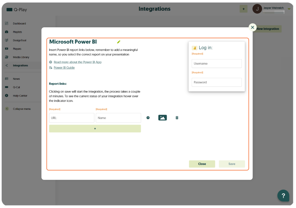 Microsoft Power BI integration setup in Q-Play platform, awaiting report URL and name inputs with a login section for username and password.