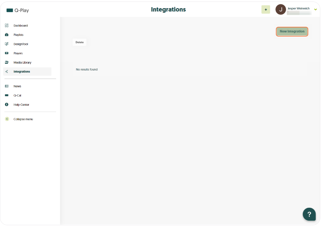 Q-Play interface showing the 'Integrationer' section with no results found, and an option to add a new integration.