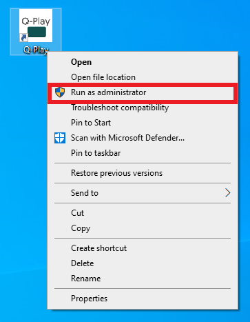 Context menu for Q-Play application with 'Run as administrator' option highlighted.