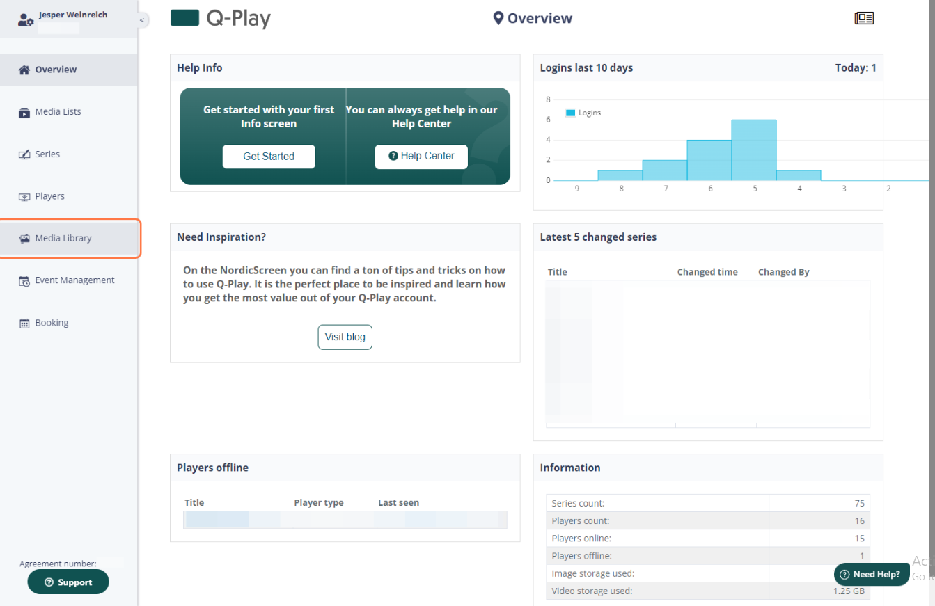 Q-Play dashboard overview showing login activity, links for help and inspiration, and latest series changes with a side menu including media library access.