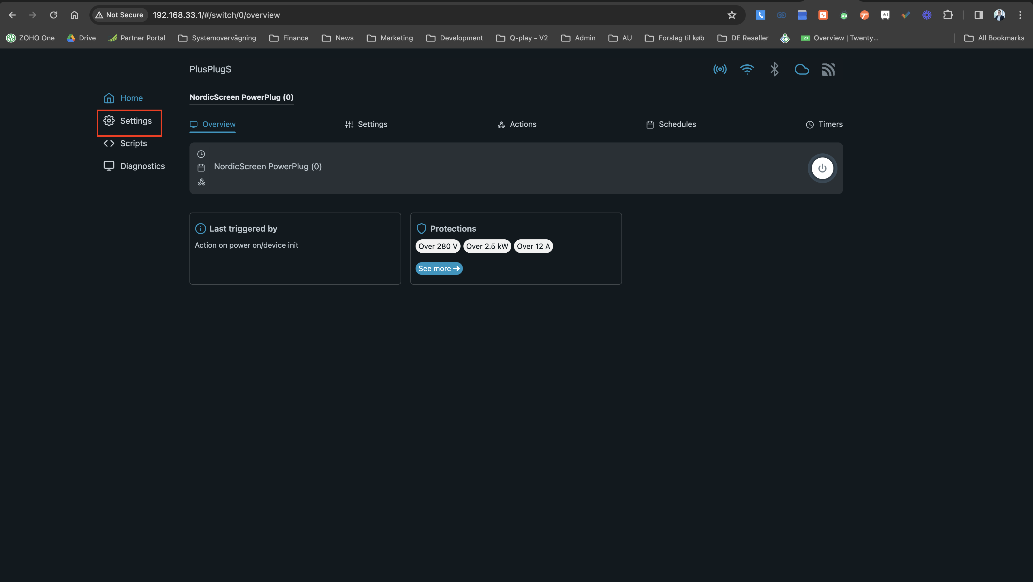 Dashboard of PlusPlugs management system for NordicScreen PowerPlug with options for settings, scripts, diagnostics, and activity logs.