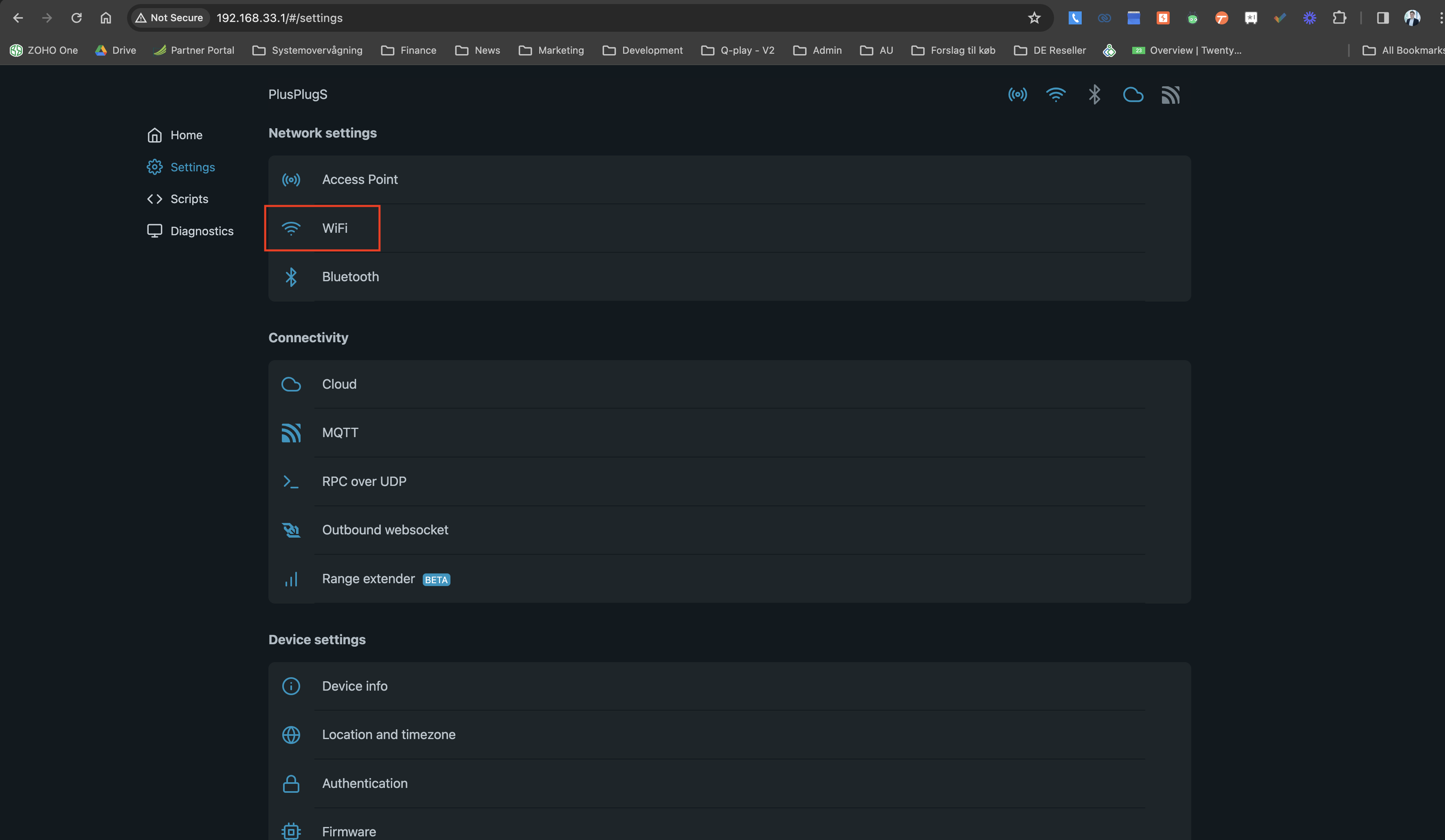 PlusPlugs network settings interface with options for Access Point, WiFi, Bluetooth, and various connectivity settings including Cloud, MQTT, and device settings.